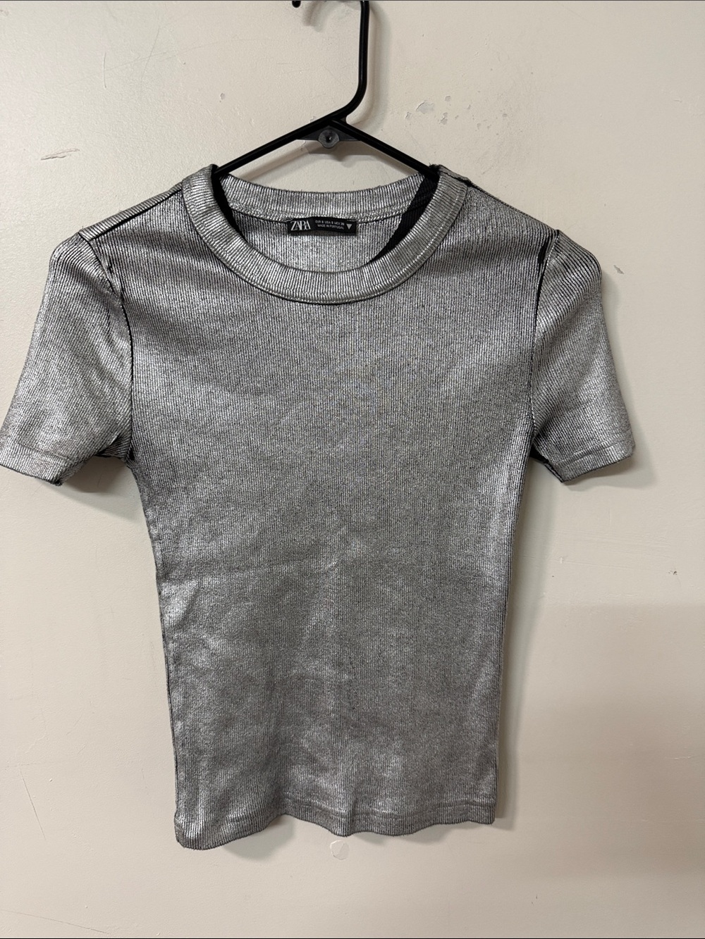 Zara Metallic Silver Short-Sleeve Crewneck Tee